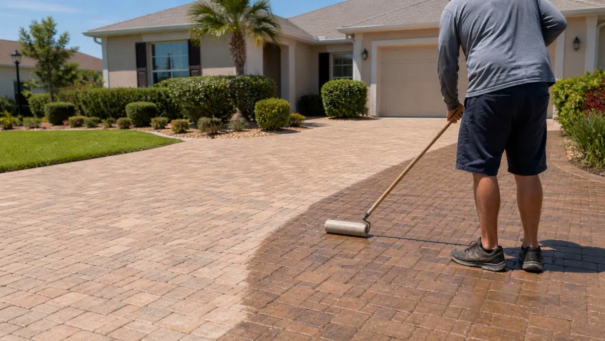 Freshly sealed paver driveway and walkway at a Port St. Lucie home